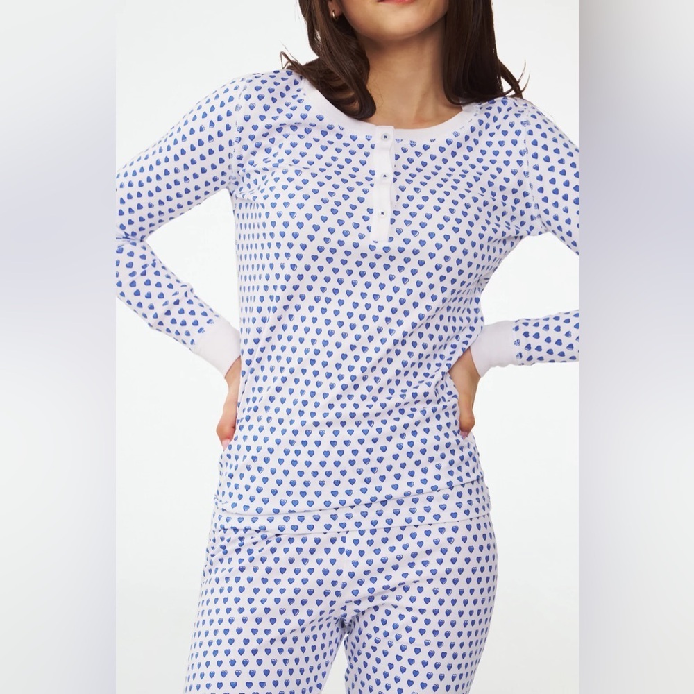 Roller Rabbit Heart Pajama 3 Button Long Sleeve Henley Top in Blue PLEASE READ